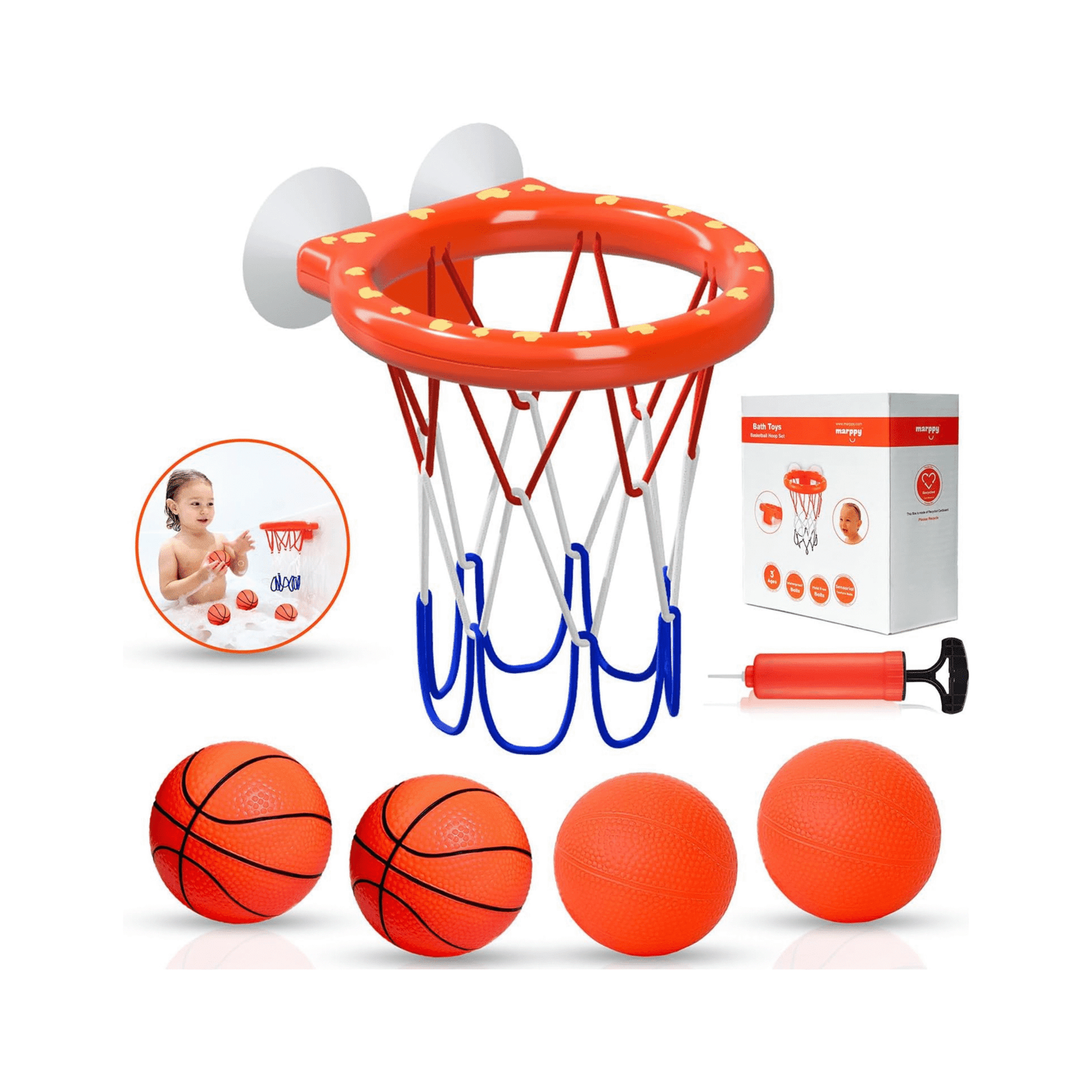 Marppy Bath Basketball Hoop for Kids – fun bathtub toy, 2 orange striped balls and 2 orange unstriped balls, pump and strong suction cups for safe bath play