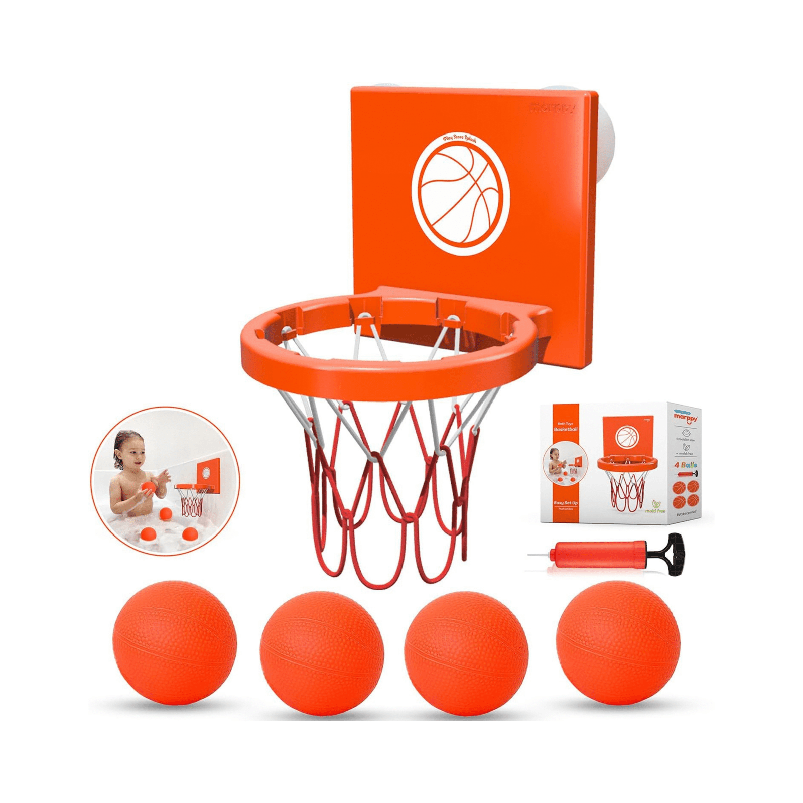 Marppy Bath Basketball Hoop for Kids – fun bathtub toy with backboard, 4 orange soft balls, pump, and strong suction cups for safe bath play