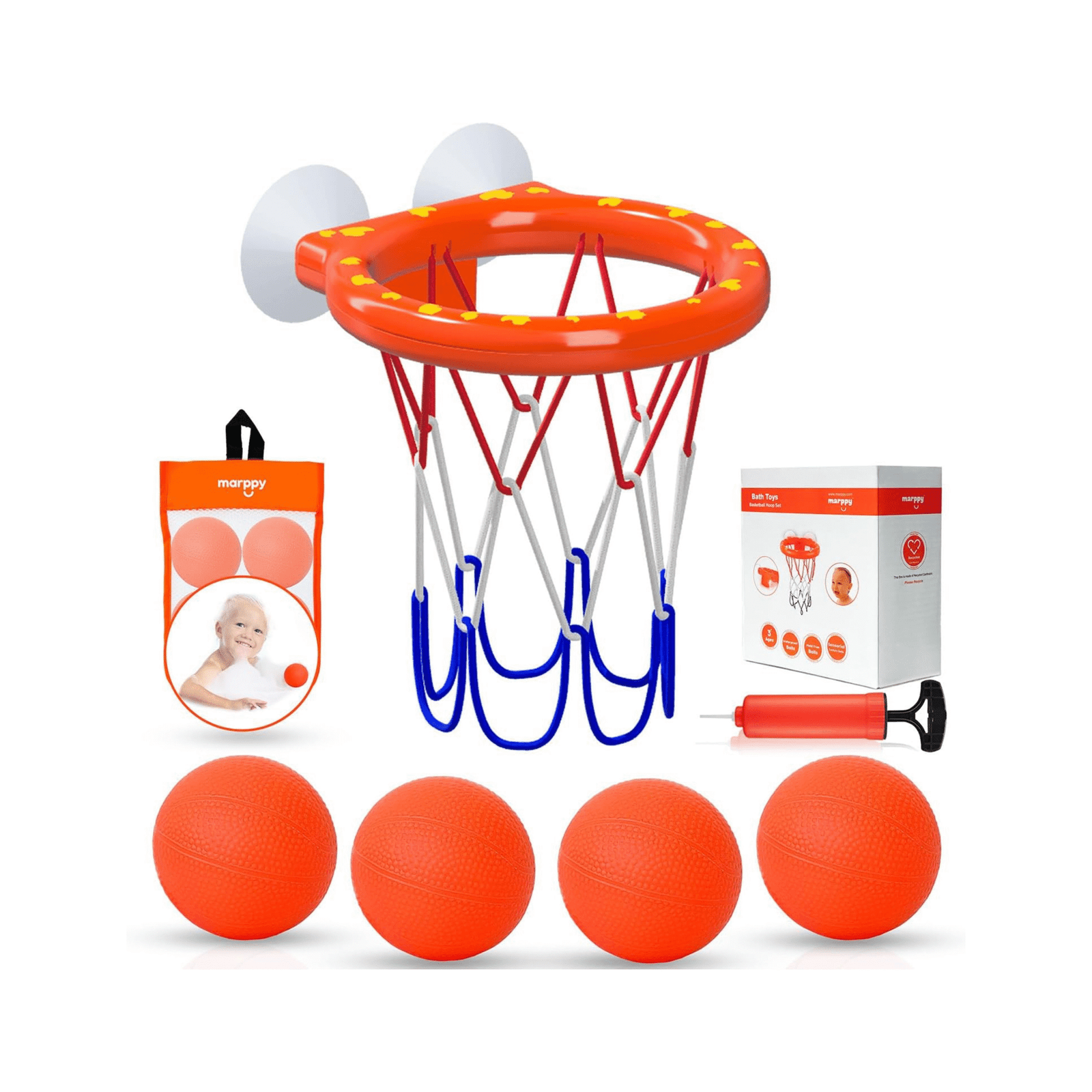 Marppy Bath Basketball Hoop for Kids – fun bathtub toy, 4 orange balls, pump, mesh bag and strong suction cups for safe bath play