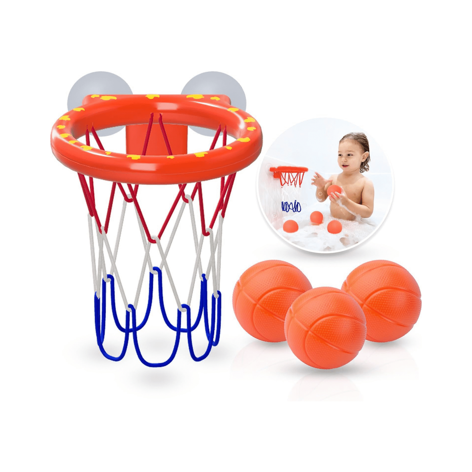 Marppy Bath Basketball Hoop for Kids – fun bathtub toy, 3 orange hard balls and strong suction cups for safe bath play