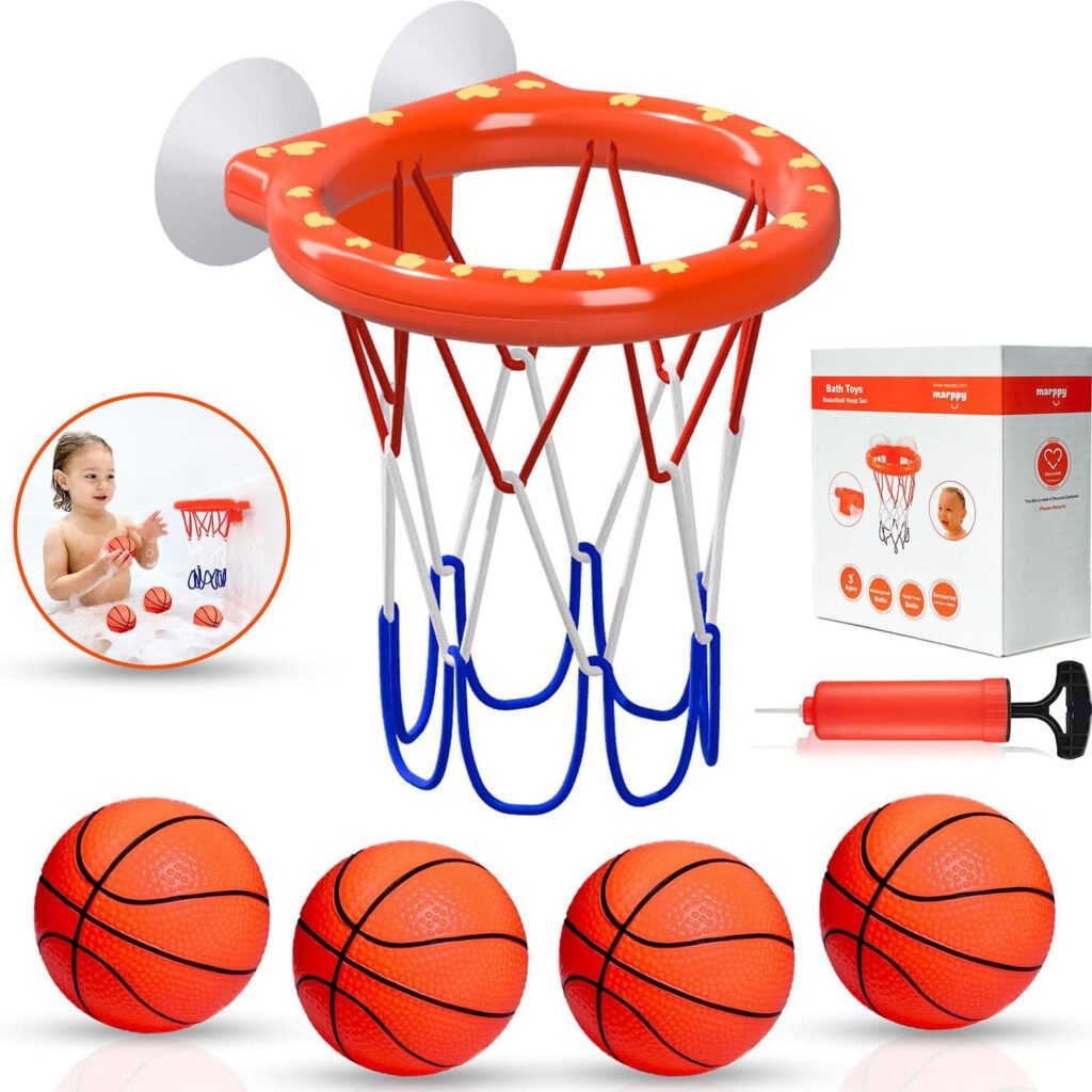 Marppy Bath Toy Basketball Hoop for Toddlers Kids and Boys with 4 Soft and Mold Free Stripped Balls