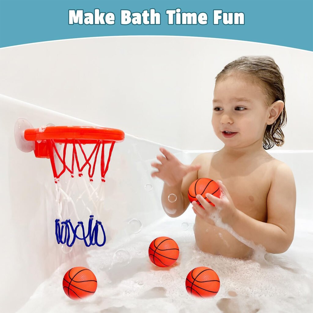 Marppy Bath Toy Basketball Hoop for Toddlers Kids and Boys 4 Soft and Mold Free Stripped Balls